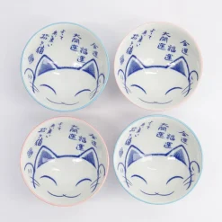 Coffret 4 bols porcelaine rose bleu 300ml Lucky cat Tokyo Design