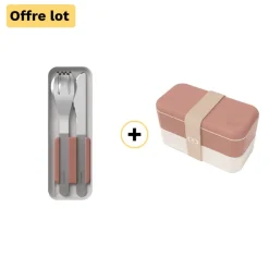 Lot d'un bento rose Original et des couverts en inox rose Slim Box Monbento